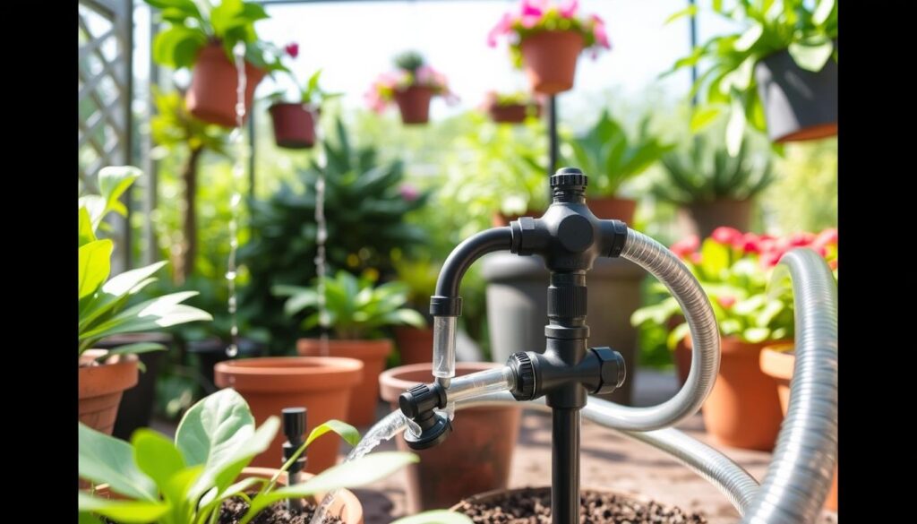 A hose-fed drip irrigation system for container gardens, with a detailed close-up view of the components. The foreground showcases the flexible irrigation tubing and emitters strategically placed around potted plants. The middle ground features the primary water supply hose connected to a manifold, regulating the water flow. In the background, a lush, verdant setting of thriving container plants and hanging baskets creates a serene, well-watered oasis. The lighting is soft and natural, highlighting the intricate details of the system. The overall composition conveys a sense of efficiency, organization, and the effortless way this system can help maintain a healthy, thriving container garden. A hose-fed drip irrigation system for container gardens, with a detailed close-up view of the components. The foreground showcases the flexible irrigation tubing and emitters strategically placed around potted plants. The middle ground features the primary water supply hose connected to a manifold, regulating the water flow. In the background, a lush, verdant setting of thriving container plants and hanging baskets creates a serene, well-watered oasis. The lighting is soft and natural, highlighting the intricate details of the system. The overall composition conveys a sense of efficiency, organization, and the effortless way this system can help maintain a healthy, thriving container garden.
