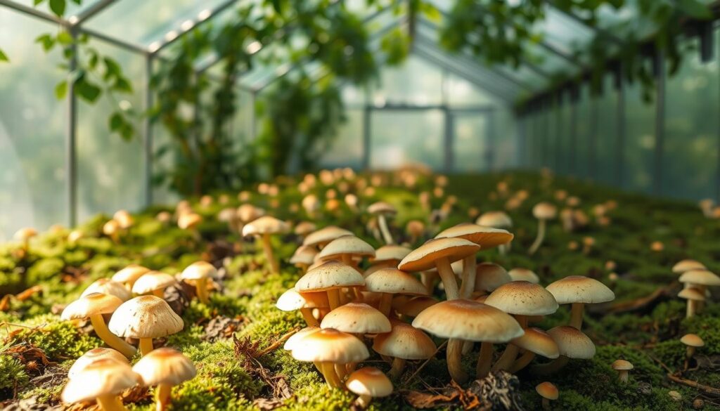 A humid, verdant greenhouse interior with lush, glistening mushrooms sprouting from the soil. Soft, diffused natural light filters through the glass walls, casting a warm, earthy glow. In the foreground, clusters of oyster and shiitake mushrooms emerge, their delicate caps unfurling amidst a tangle of moss and decaying wood. The middle ground reveals a variety of mushroom species - button, lion's mane, and enoki - thriving in the high-moisture environment. In the background, the greenhouse structure is barely visible, its frame receding into the hazy, humid atmosphere. The overall scene conveys the ideal conditions for bountiful mushroom cultivation - a harmonious blend of controlled humidity, ambient lighting, and nutrient-rich substrates. A humid, verdant greenhouse interior with lush, glistening mushrooms sprouting from the soil. Soft, diffused natural light filters through the glass walls, casting a warm, earthy glow. In the foreground, clusters of oyster and shiitake mushrooms emerge, their delicate caps unfurling amidst a tangle of moss and decaying wood. The middle ground reveals a variety of mushroom species - button, lion's mane, and enoki - thriving in the high-moisture environment. In the background, the greenhouse structure is barely visible, its frame receding into the hazy, humid atmosphere. The overall scene conveys the ideal conditions for bountiful mushroom cultivation - a harmonious blend of controlled humidity, ambient lighting, and nutrient-rich substrates.