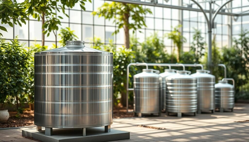A large, cylindrical gutter filtration storage tank situated in the foreground, its sleek stainless steel exterior gleaming under soft, diffused lighting. In the middle ground, a series of smaller, complementary tanks arranged in a functional, organized manner. The background features a lush, verdant greenhouse setting, with sunlight filtering through the glass panes, creating a warm, inviting atmosphere. The tanks are positioned prominently, highlighting their role as key components of the greenhouse rainwater collection system. The overall scene conveys a sense of efficiency, sustainability, and thoughtful design. A large, cylindrical gutter filtration storage tank situated in the foreground, its sleek stainless steel exterior gleaming under soft, diffused lighting. In the middle ground, a series of smaller, complementary tanks arranged in a functional, organized manner. The background features a lush, verdant greenhouse setting, with sunlight filtering through the glass panes, creating a warm, inviting atmosphere. The tanks are positioned prominently, highlighting their role as key components of the greenhouse rainwater collection system. The overall scene conveys a sense of efficiency, sustainability, and thoughtful design.
