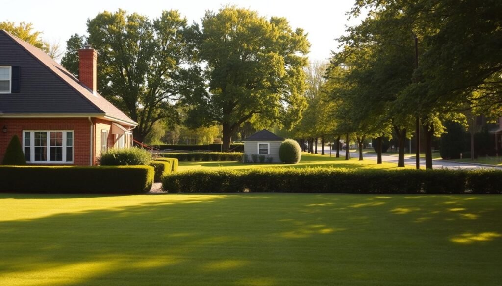A large, well-maintained suburban house with a carefully manicured lawn and neatly trimmed hedges, situated in the foreground. In the middle ground, a detached garage or shed, surrounded by a clearly defined property line marked by a low fence or hedgerow. In the background, a row of uniformly spaced trees lining the street, casting soft, dappled shadows over the scene. The lighting is bright and natural, with a warm, golden glow from the sun. The overall atmosphere conveys a sense of order, attention to detail, and adherence to community guidelines. A large, well-maintained suburban house with a carefully manicured lawn and neatly trimmed hedges, situated in the foreground. In the middle ground, a detached garage or shed, surrounded by a clearly defined property line marked by a low fence or hedgerow. In the background, a row of uniformly spaced trees lining the street, casting soft, dappled shadows over the scene. The lighting is bright and natural, with a warm, golden glow from the sun. The overall atmosphere conveys a sense of order, attention to detail, and adherence to community guidelines.