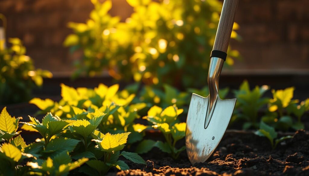 A long-handled garden hoe with a sharp steel blade, casting a dramatic shadow across a deep garden bed. The hoe is positioned in the foreground, angled slightly to the left, its handle stretching up towards the sky. Warm, golden sunlight filters through the leaves of lush, verdant plants in the middle ground, creating a lively, organic atmosphere. The background features a slightly blurred, earthy backdrop, hinting at the rich soil the hoe is intended to work. The image conveys a sense of effortless productivity, the hoe's sturdy design and the gardener's confident grip suggesting an efficient tool for preparing and maintaining deep, well-tended garden beds. A long-handled garden hoe with a sharp steel blade, casting a dramatic shadow across a deep garden bed. The hoe is positioned in the foreground, angled slightly to the left, its handle stretching up towards the sky. Warm, golden sunlight filters through the leaves of lush, verdant plants in the middle ground, creating a lively, organic atmosphere. The background features a slightly blurred, earthy backdrop, hinting at the rich soil the hoe is intended to work. The image conveys a sense of effortless productivity, the hoe's sturdy design and the gardener's confident grip suggesting an efficient tool for preparing and maintaining deep, well-tended garden beds.