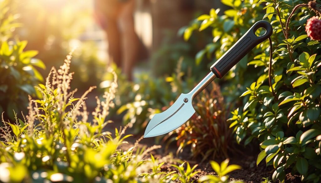 A long-handled, specialized weed cutting tool stands in a well-lit garden. The sharp, curved blade glints in the warm, natural lighting, hinting at its precision and power. The sturdy, ergonomic handle extends far, allowing the user to reach deep into overgrown beds and tricky corners without straining. Lush foliage and verdant plants frame the tool, suggesting its intended use for manicuring and taming unruly vegetation. The overall scene conveys a sense of effortless control and efficiency in tackling hard-to-reach weeds and undergrowth.