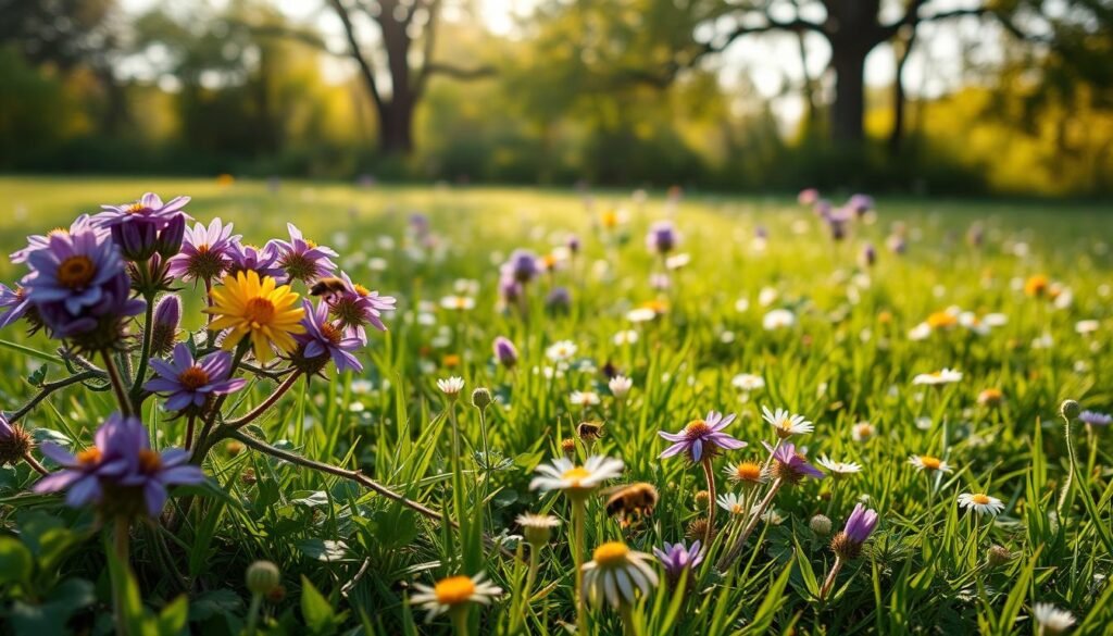 A lush, bee-friendly lawn dotted with vibrant flowering plants in the foreground. Clusters of purple and yellow blooms, their petals swaying gently in a soft breeze. In the middle ground, a mix of clover, daisies, and wildflowers create a natural, meadow-like tapestry. The background features a blurred, sun-dappled tree line, hinting at a serene, pastoral setting. The lighting is soft and warm, casting a golden glow over the scene. Captured with a wide-angle lens to emphasize the expansive, inviting nature of the lawn. The overall mood is one of tranquility and abundance, a haven for pollinators and a testament to the beauty of a lawn transformed. A lush, bee-friendly lawn dotted with vibrant flowering plants in the foreground. Clusters of purple and yellow blooms, their petals swaying gently in a soft breeze. In the middle ground, a mix of clover, daisies, and wildflowers create a natural, meadow-like tapestry. The background features a blurred, sun-dappled tree line, hinting at a serene, pastoral setting. The lighting is soft and warm, casting a golden glow over the scene. Captured with a wide-angle lens to emphasize the expansive, inviting nature of the lawn. The overall mood is one of tranquility and abundance, a haven for pollinators and a testament to the beauty of a lawn transformed.