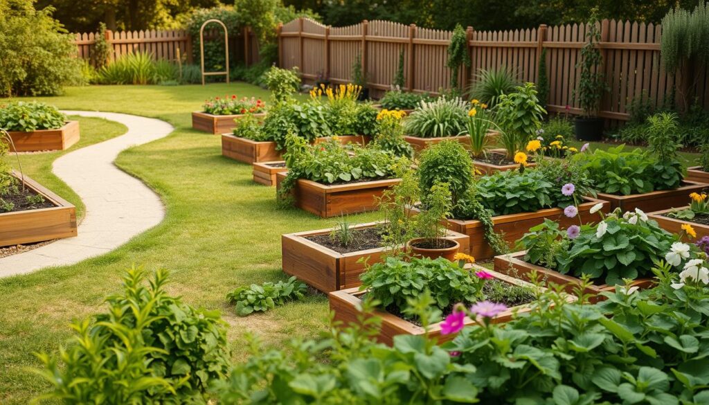 A lush community garden design unfolds, featuring raised garden beds arranged in a harmonious layout. The foreground showcases an array of thriving vegetables, herbs, and flowers, captured in vibrant, natural colors under the warm glow of soft, diffused lighting. In the middle ground, a winding path winds through the garden, inviting visitors to explore. The background features a well-maintained, manicured lawn, complemented by the subtle presence of a charming, wooden fence that seamlessly blends with the surrounding greenery. The overall scene exudes a sense of tranquility, community, and a harmonious integration of nature within the shared space. A lush community garden design unfolds, featuring raised garden beds arranged in a harmonious layout. The foreground showcases an array of thriving vegetables, herbs, and flowers, captured in vibrant, natural colors under the warm glow of soft, diffused lighting. In the middle ground, a winding path winds through the garden, inviting visitors to explore. The background features a well-maintained, manicured lawn, complemented by the subtle presence of a charming, wooden fence that seamlessly blends with the surrounding greenery. The overall scene exudes a sense of tranquility, community, and a harmonious integration of nature within the shared space.