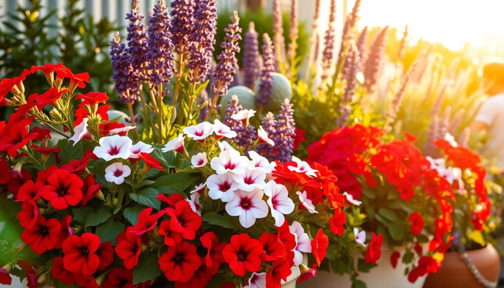 A lush container garden bursting with vibrant red, white, and blue hues, illuminated by warm, golden afternoon light. In the foreground, trailing petunias in patriotic colors cascade over the edges, complemented by the stately presence of classic red geraniums. Behind them, a cluster of fragrant blue salvia stands tall, their delicate flowers swaying gently in a soft breeze. In the middle ground, the bold, architectural leaves of ornamental kale add texture and contrast, while a backdrop of evergreen perennials, such as lavender and rosemary, provide a harmonious foundation. The overall composition exudes a timeless, celebratory atmosphere, perfect for evoking the spirit of Independence Day and beyond. A lush container garden bursting with vibrant red, white, and blue hues, illuminated by warm, golden afternoon light. In the foreground, trailing petunias in patriotic colors cascade over the edges, complemented by the stately presence of classic red geraniums. Behind them, a cluster of fragrant blue salvia stands tall, their delicate flowers swaying gently in a soft breeze. In the middle ground, the bold, architectural leaves of ornamental kale add texture and contrast, while a backdrop of evergreen perennials, such as lavender and rosemary, provide a harmonious foundation. The overall composition exudes a timeless, celebratory atmosphere, perfect for evoking the spirit of Independence Day and beyond.