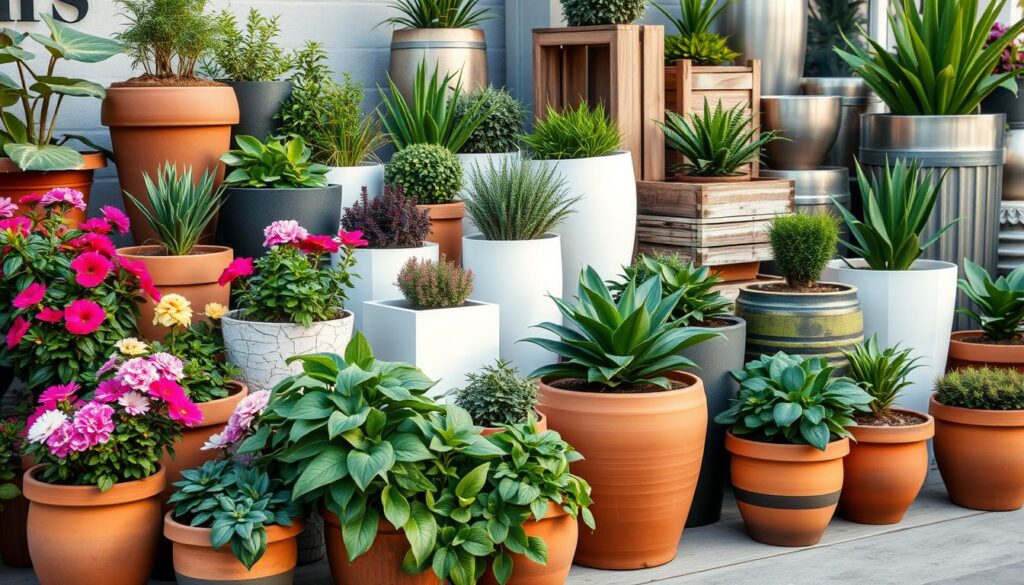 A lush container garden showcasing a diverse array of planters artfully layered and grouped. In the foreground, a collection of terracotta pots in warm earthy tones, each brimming with vibrant blooms and lush foliage. The middle ground features a mix of sleek modern planters in a harmonious palette of greens and whites, creating a visually striking arrangement. In the background, larger statement pieces in varied shapes and materials, such as weathered wooden boxes and gleaming metal containers, provide height and visual interest. Soft, diffused natural lighting illuminates the scene, casting gentle shadows and highlighting the textures and colors of the plants and planters. The overall composition is both visually appealing and thoughtfully designed to engage the senses through texture, color, and form. A lush container garden showcasing a diverse array of planters artfully layered and grouped. In the foreground, a collection of terracotta pots in warm earthy tones, each brimming with vibrant blooms and lush foliage. The middle ground features a mix of sleek modern planters in a harmonious palette of greens and whites, creating a visually striking arrangement. In the background, larger statement pieces in varied shapes and materials, such as weathered wooden boxes and gleaming metal containers, provide height and visual interest. Soft, diffused natural lighting illuminates the scene, casting gentle shadows and highlighting the textures and colors of the plants and planters. The overall composition is both visually appealing and thoughtfully designed to engage the senses through texture, color, and form.