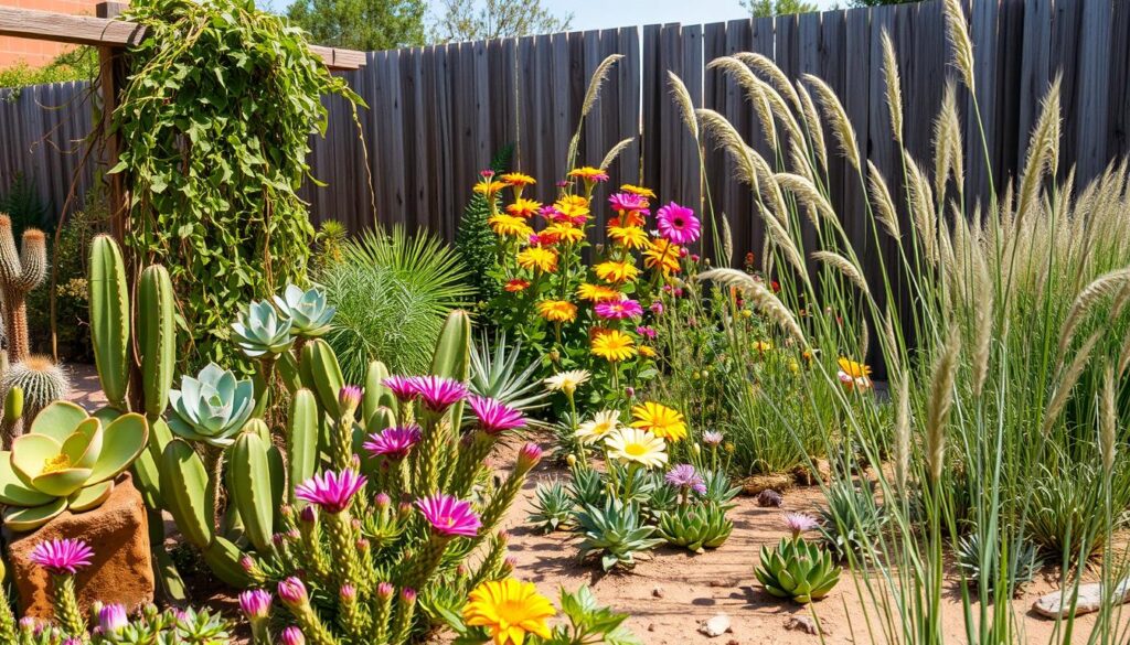 A lush, drought-tolerant garden thrives under the scorching summer sun. In the foreground, resilient succulents and cacti stand tall, their vibrant hues contrasting against the parched earth. Trailing vines of hardy, water-conserving plants cascade down a rustic trellis, their leaves glistening with the remnants of sparse rainfall. In the middle ground, an array of resilient, low-water flowers bloom defiantly, their petals reaching towards the cloudless sky. Tall, slender stalks of drought-resistant grasses sway gently, their delicate movements captured in a soft, diffused light. The background is dominated by a weathered, wooden fence, its weathered planks a testament to the unforgiving climate. The overall scene conveys a sense of resilience and adaptation, showcasing the remarkable ability of these drought-tolerant plants to thrive in the face of water scarcity. A lush, drought-tolerant garden thrives under the scorching summer sun. In the foreground, resilient succulents and cacti stand tall, their vibrant hues contrasting against the parched earth. Trailing vines of hardy, water-conserving plants cascade down a rustic trellis, their leaves glistening with the remnants of sparse rainfall. In the middle ground, an array of resilient, low-water flowers bloom defiantly, their petals reaching towards the cloudless sky. Tall, slender stalks of drought-resistant grasses sway gently, their delicate movements captured in a soft, diffused light. The background is dominated by a weathered, wooden fence, its weathered planks a testament to the unforgiving climate. The overall scene conveys a sense of resilience and adaptation, showcasing the remarkable ability of these drought-tolerant plants to thrive in the face of water scarcity.