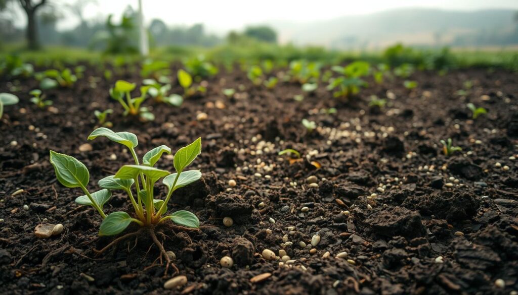 A lush garden bed, the soil rich and dark, with visible signs of distress: wilted leaves, stunted growth, and a lifeless, compacted texture. In the foreground, a few sickly plants struggle to take root, their roots visibly stunted. The middle ground reveals a close-up view of the soil, dotted with synthetic granules and a chemical sheen, contrasting sharply with the healthy, earthy tones. In the background, a hazy, muted landscape suggests the broader environmental impact, with a sense of melancholy and concern. The lighting is soft and diffused, emphasizing the subtle details and the overall mood of the scene. The camera angle is slightly elevated, allowing for a comprehensive view of the garden's distress, capturing the full extent of the synthetic fertilizer's impact on the soil's microbiome. A lush garden bed, the soil rich and dark, with visible signs of distress: wilted leaves, stunted growth, and a lifeless, compacted texture. In the foreground, a few sickly plants struggle to take root, their roots visibly stunted. The middle ground reveals a close-up view of the soil, dotted with synthetic granules and a chemical sheen, contrasting sharply with the healthy, earthy tones. In the background, a hazy, muted landscape suggests the broader environmental impact, with a sense of melancholy and concern. The lighting is soft and diffused, emphasizing the subtle details and the overall mood of the scene. The camera angle is slightly elevated, allowing for a comprehensive view of the garden's distress, capturing the full extent of the synthetic fertilizer's impact on the soil's microbiome.