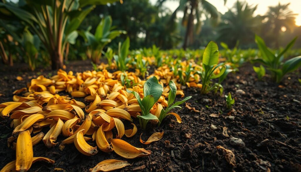 A lush garden bursting with vibrant banana peels, cascading across the verdant landscape. In the foreground, a scattering of yellowed and browning peels, their curled edges gently resting on the rich, dark soil. Midground, a tapestry of greens - thick, waxy leaves and tender shoots sprouting amidst the decaying fruit skins. In the background, a hazy blur of towering trees, their dappled light casting a warm, golden glow over the scene. The composition is balanced and natural, conveying a sense of harmony between the organic matter and the thriving plant life it nourishes. Captured with a wide-angle lens, the image offers a panoramic view of this unique, eco-friendly garden. A lush garden bursting with vibrant banana peels, cascading across the verdant landscape. In the foreground, a scattering of yellowed and browning peels, their curled edges gently resting on the rich, dark soil. Midground, a tapestry of greens - thick, waxy leaves and tender shoots sprouting amidst the decaying fruit skins. In the background, a hazy blur of towering trees, their dappled light casting a warm, golden glow over the scene. The composition is balanced and natural, conveying a sense of harmony between the organic matter and the thriving plant life it nourishes. Captured with a wide-angle lens, the image offers a panoramic view of this unique, eco-friendly garden.