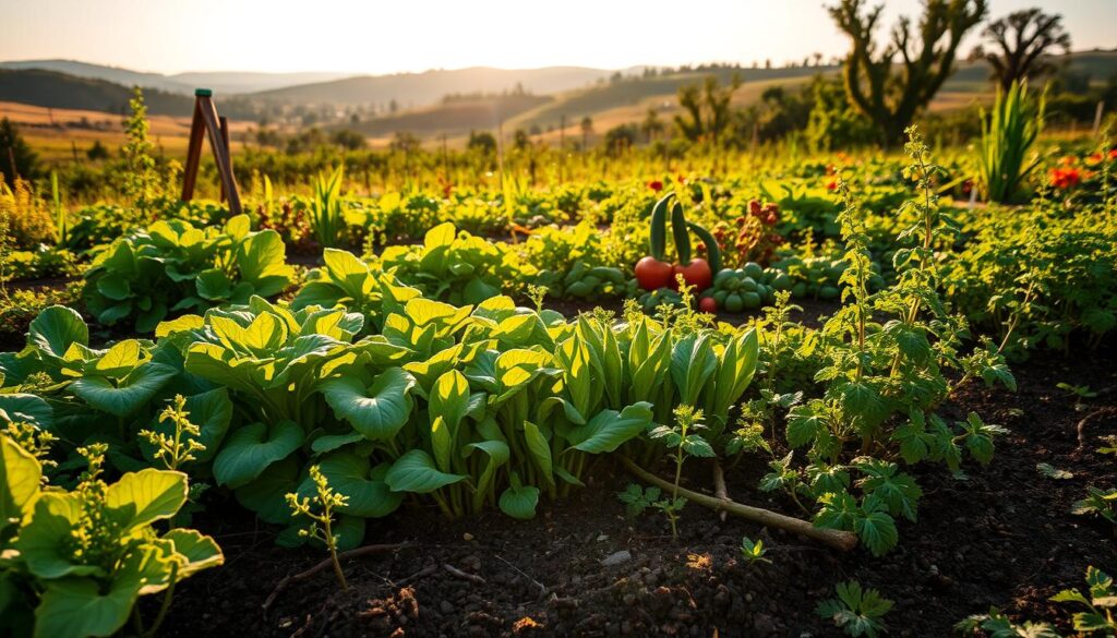 A lush garden in the midst of a vibrant seasonal transition. In the foreground, a diverse array of thriving crops - leafy greens, vibrant vegetables, and fragrant herbs - basking in the warm, golden glow of the afternoon sun. The middle ground features a rich, dark soil, teeming with life and nutrients, while in the background, rolling hills and a cloudless sky create a sense of tranquility and abundance. The scene is captured with a wide-angle lens, conveying a sense of depth and scale, and the lighting is soft and natural, casting gentle shadows and highlighting the textural details of the plants and soil. The overall mood is one of harmony, growth, and the interconnectedness of the natural world. A lush garden in the midst of a vibrant seasonal transition. In the foreground, a diverse array of thriving crops - leafy greens, vibrant vegetables, and fragrant herbs - basking in the warm, golden glow of the afternoon sun. The middle ground features a rich, dark soil, teeming with life and nutrients, while in the background, rolling hills and a cloudless sky create a sense of tranquility and abundance. The scene is captured with a wide-angle lens, conveying a sense of depth and scale, and the lighting is soft and natural, casting gentle shadows and highlighting the textural details of the plants and soil. The overall mood is one of harmony, growth, and the interconnectedness of the natural world.
