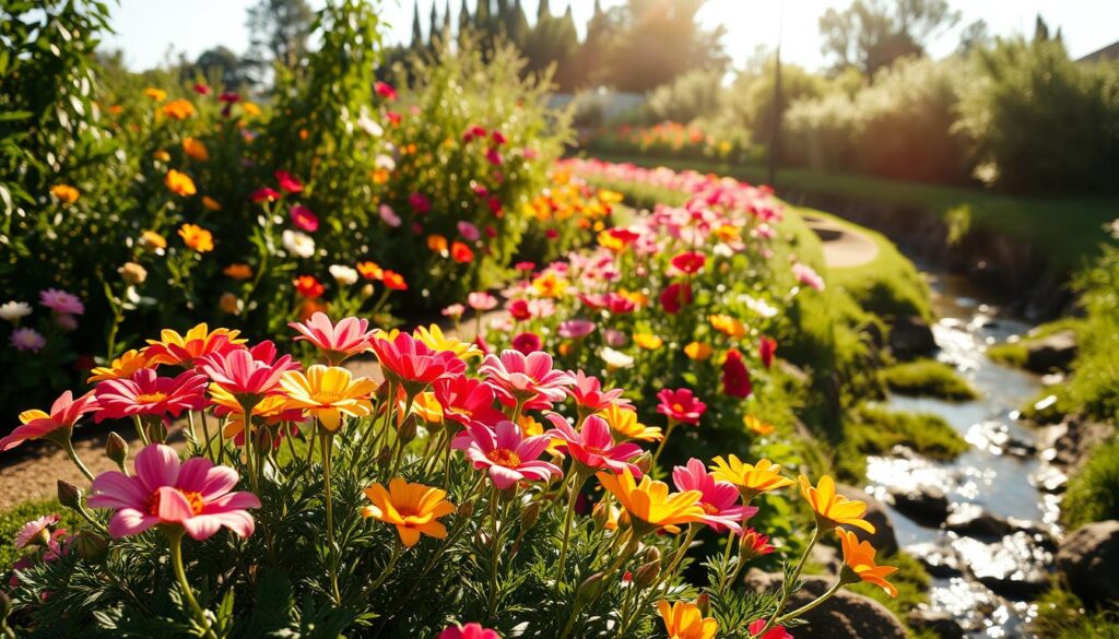 A lush garden oasis filled with vibrant flowers bathed in warm sunlight. In the foreground, a carefully tended flower bed showcases a variety of blooms, their petals gently swaying in a light breeze. The middle ground features a meandering path lined with delicate flower stems, expertly spaced to allow for optimal growth and air circulation. In the background, a gently flowing stream provides a soothing soundtrack and a reliable source of water for the thriving flora. The scene is captured with a wide-angle lens, highlighting the harmonious balance of sun, water, and strategic plant placement, all working together to create the perfect conditions for a cutting garden. A lush garden oasis filled with vibrant flowers bathed in warm sunlight. In the foreground, a carefully tended flower bed showcases a variety of blooms, their petals gently swaying in a light breeze. The middle ground features a meandering path lined with delicate flower stems, expertly spaced to allow for optimal growth and air circulation. In the background, a gently flowing stream provides a soothing soundtrack and a reliable source of water for the thriving flora. The scene is captured with a wide-angle lens, highlighting the harmonious balance of sun, water, and strategic plant placement, all working together to create the perfect conditions for a cutting garden.
