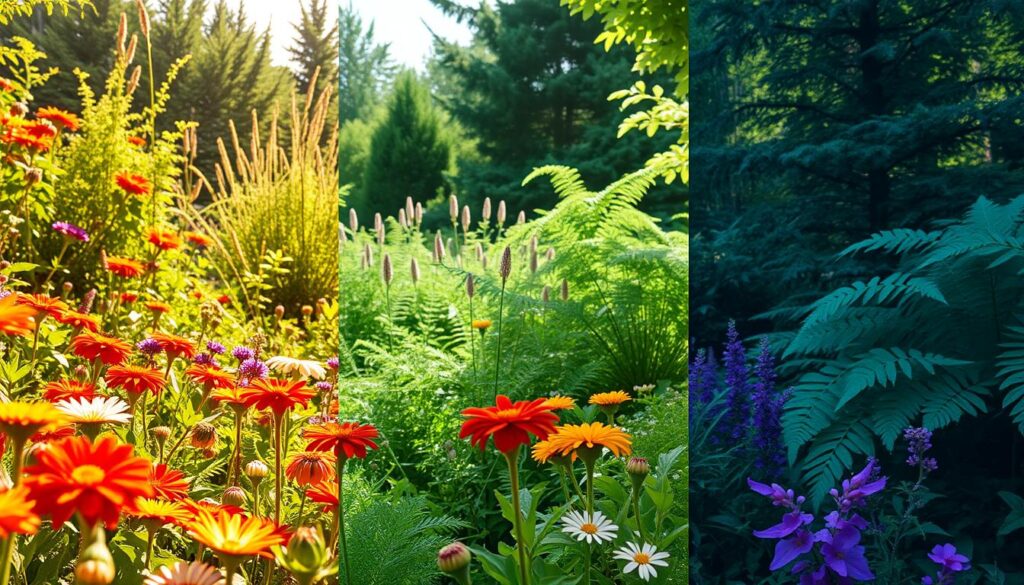 A lush garden scene showcasing different USDA hardiness zones. In the foreground, vibrant flowers and plants thrive in a warm, sunny zone 8 setting. In the middle ground, a transition zone with a mix of plants adapted to zones 6-7. The background features a cool, shaded zone 5 area with evergreen trees and ferns. Soft, natural lighting filters through the foliage, creating a serene, naturalistic atmosphere. The image conveys the diverse microclimates and growth patterns across gardening zones, highlighting the importance of soil testing and zone-appropriate plant selection.