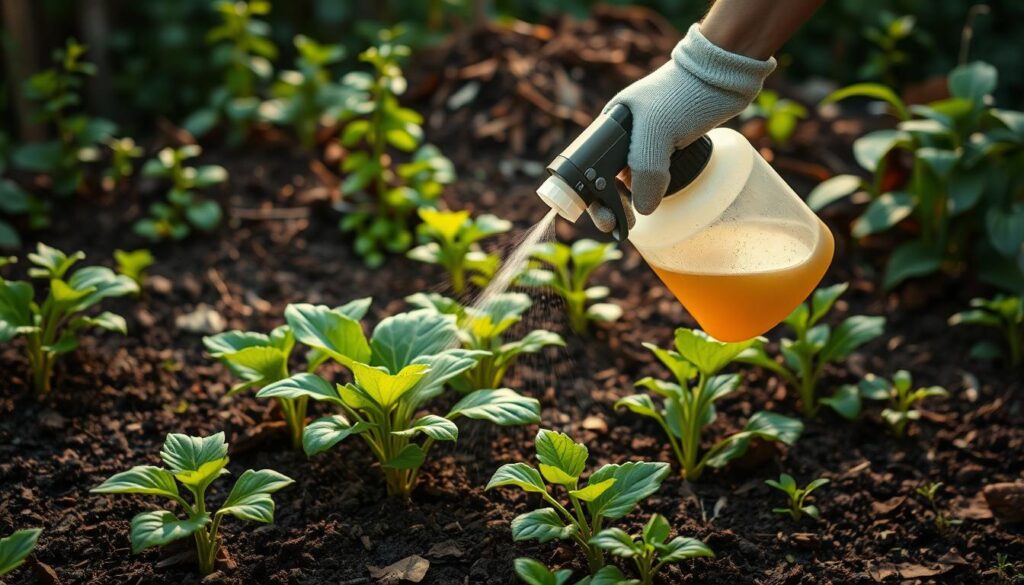 A lush garden scene, with a person in the foreground carefully spraying a diluted compost tea solution onto the soil around plants. The person is wearing gardening gloves and uses a handheld sprayer with a fine mist. The plants in the middle ground are vibrant and healthy, their leaves glistening with the applied compost tea. In the background, a well-maintained compost pile is visible, hinting at the source of the nutrient-rich tea. The lighting is soft, natural, and diffused, creating a serene, earthy atmosphere. The scene conveys the care and attention required to properly apply compost tea to nourish a thriving garden. A lush garden scene, with a person in the foreground carefully spraying a diluted compost tea solution onto the soil around plants. The person is wearing gardening gloves and uses a handheld sprayer with a fine mist. The plants in the middle ground are vibrant and healthy, their leaves glistening with the applied compost tea. In the background, a well-maintained compost pile is visible, hinting at the source of the nutrient-rich tea. The lighting is soft, natural, and diffused, creating a serene, earthy atmosphere. The scene conveys the care and attention required to properly apply compost tea to nourish a thriving garden.
