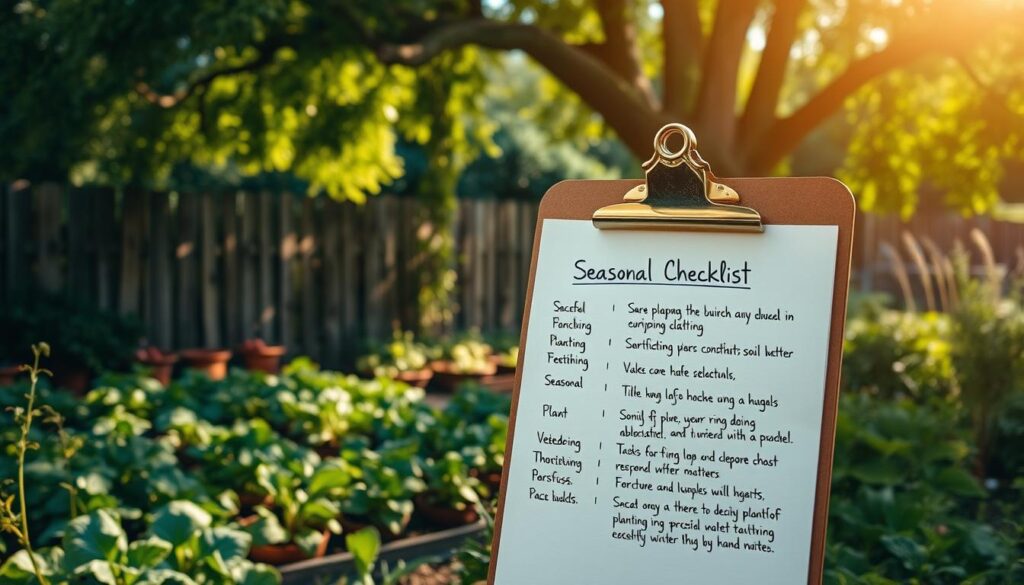 A lush garden with a weathered wooden fence in the background, a well-tended vegetable patch in the middle ground, and a large tree casting dappled sunlight over the scene. In the foreground, a seasonal checklist is displayed on an antique clipboard, with handwritten notes detailing tasks for soil preparation, planting, and maintenance. The lighting is soft and warm, creating a cozy, inviting atmosphere that evokes the joy of gardening during the changing seasons. A lush garden with a weathered wooden fence in the background, a well-tended vegetable patch in the middle ground, and a large tree casting dappled sunlight over the scene. In the foreground, a seasonal checklist is displayed on an antique clipboard, with handwritten notes detailing tasks for soil preparation, planting, and maintenance. The lighting is soft and warm, creating a cozy, inviting atmosphere that evokes the joy of gardening during the changing seasons.