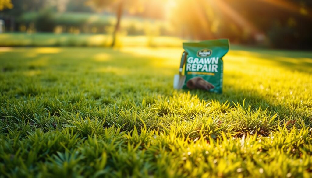 A lush, green lawn with a few bare, patchy spots in the foreground. The patches are highlighted by warm, golden sunlight filtering through wispy clouds, casting soft shadows on the surrounding grass. In the middle ground, a gardening trowel and bag of lawn repair mix stand ready, hinting at the steps needed to restore the lawn. The background is a blurred, verdant scene, suggesting a well-maintained, thriving outdoor space. The overall mood is one of opportunity, inviting the viewer to take action and revitalize the lawn.