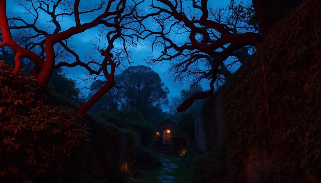 A lush, moody garden at dusk, bathed in soft, diffused lighting. Gnarled, twisted tree branches reach up towards a cloudy, indigo sky. Dense, overgrown foliage in deep greens, ambers, and purples spills over weathered stone walls. A narrow, winding path leads deeper into the shadowy woodland, hinting at hidden treasures beyond. The air is heavy with the scent of damp earth and blooming night flowers. An aura of enchantment and mystery pervades the scene, inviting the viewer to step into a world of quiet contemplation and woodland whimsy. A lush, moody garden at dusk, bathed in soft, diffused lighting. Gnarled, twisted tree branches reach up towards a cloudy, indigo sky. Dense, overgrown foliage in deep greens, ambers, and purples spills over weathered stone walls. A narrow, winding path leads deeper into the shadowy woodland, hinting at hidden treasures beyond. The air is heavy with the scent of damp earth and blooming night flowers. An aura of enchantment and mystery pervades the scene, inviting the viewer to step into a world of quiet contemplation and woodland whimsy.