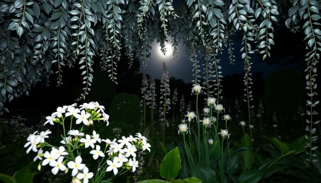 A lush, moonlit garden filled with an enchanting array of night-blooming plants. In the foreground, a cluster of delicate white flowers with silvery petals gently sway in the soft breeze, their fragrance carried on the air. Cascading from above, trailing vines with lustrous, silvery foliage create a canopy of shimmering leaves. In the middle ground, tall, graceful stems support the glowing blooms of night-flowering plants, their petals radiating a soft, luminous glow. The background fades into a serene, moonlit landscape, with the pale light casting a tranquil, ethereal atmosphere over the entire scene. Captured with a wide-angle lens to showcase the depth and beauty of this enchanting moon garden.