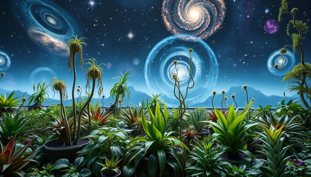 A lush, otherworldly garden in a futuristic, space-inspired setting. Diverse interplanted foliage in shades of vibrant greens, blues, and purples sway gently under soft, diffused lighting. Unusual, sculptural plants with tendrils and leaves that appear to float weightlessly amid the scene. In the background, a panoramic vista of swirling galaxies and nebulae, creating a sense of being suspended in a cosmic oasis. A wide-angle lens captures the harmonious, strategic arrangement of the compact, staggered plants, emphasizing their efficient use of limited space. An atmosphere of serene, contemplative wonder pervades the image.