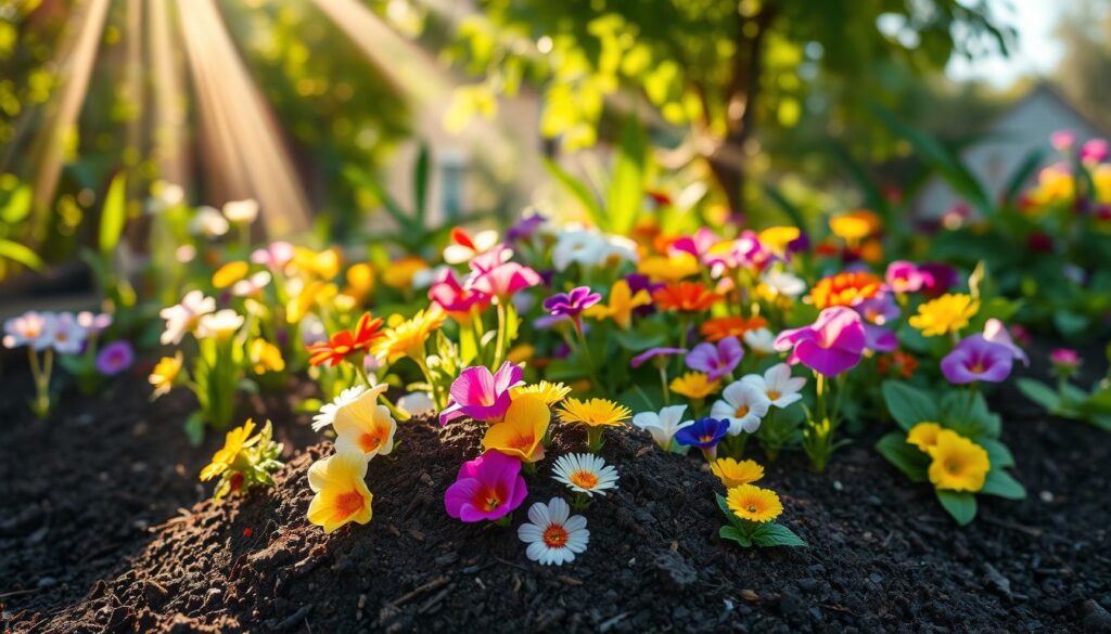 A lush, sun-dappled garden bed filled with rich, dark soil. Sunbeams filter through swaying greenery, casting a warm, natural glow. In the foreground, a small mound of loamy, nutrient-dense earth is ready to nourish a variety of edible flowers. Vibrant, eye-catching blooms in a spectrum of colors - from delicate pastels to bold, saturated hues - emerge from the soil, their petals gently unfurling towards the sun. The overall scene exudes a sense of tranquility, vitality, and the promise of a bountiful harvest. A lush, sun-dappled garden bed filled with rich, dark soil. Sunbeams filter through swaying greenery, casting a warm, natural glow. In the foreground, a small mound of loamy, nutrient-dense earth is ready to nourish a variety of edible flowers. Vibrant, eye-catching blooms in a spectrum of colors - from delicate pastels to bold, saturated hues - emerge from the soil, their petals gently unfurling towards the sun. The overall scene exudes a sense of tranquility, vitality, and the promise of a bountiful harvest.