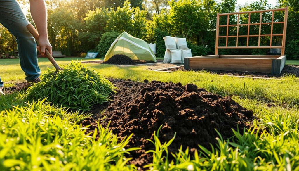 A lush, sun-dappled garden scene of a section of lawn being prepared for an edible landscape. In the foreground, a person is carefully removing thick patches of turf, exposing the rich, dark soil beneath. Piles of the removed sod sit neatly to the side, ready to be composted. In the middle ground, bags of soil amendments and compost are stacked, waiting to be worked into the exposed earth. In the background, a wooden raised garden bed frame stands empty, its sturdy construction hinting at the productive plantings to come. The scene is bathed in a warm, golden light, conveying a sense of purposeful, peaceful productivity. A Canon DSLR camera captures the scene from a low, ground-level angle, emphasizing the tactile, hands-on nature of the garden preparation work. A lush, sun-dappled garden scene of a section of lawn being prepared for an edible landscape. In the foreground, a person is carefully removing thick patches of turf, exposing the rich, dark soil beneath. Piles of the removed sod sit neatly to the side, ready to be composted. In the middle ground, bags of soil amendments and compost are stacked, waiting to be worked into the exposed earth. In the background, a wooden raised garden bed frame stands empty, its sturdy construction hinting at the productive plantings to come. The scene is bathed in a warm, golden light, conveying a sense of purposeful, peaceful productivity. A Canon DSLR camera captures the scene from a low, ground-level angle, emphasizing the tactile, hands-on nature of the garden preparation work.