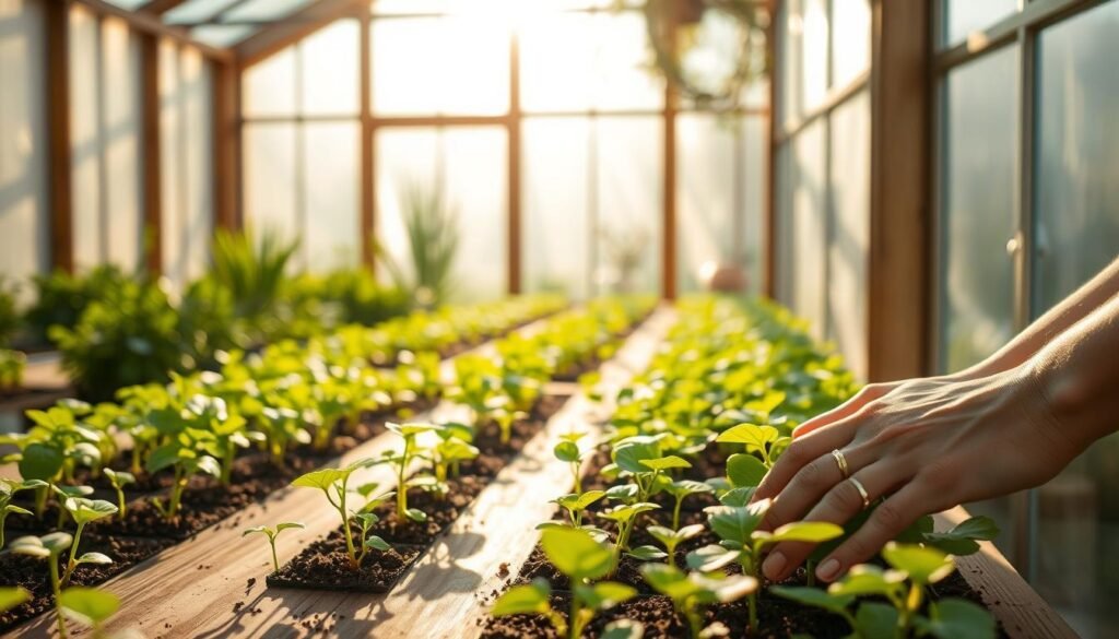 A lush, sun-dappled greenhouse interior, with seedlings carefully arranged on a wooden workbench. The delicate green sprouts cast soft shadows, while a gentle breeze ruffles their leaves. Warm, diffused light filters in through tall windows, creating a serene, nurturing atmosphere. In the foreground, a gardener's hands tenderly touch the soil, checking the moisture levels. The scene conveys the fragile yet resilient nature of young plants, highlighting the importance of the "hardening off" process as they transition from the greenhouse to the great outdoors. A lush, sun-dappled greenhouse interior, with seedlings carefully arranged on a wooden workbench. The delicate green sprouts cast soft shadows, while a gentle breeze ruffles their leaves. Warm, diffused light filters in through tall windows, creating a serene, nurturing atmosphere. In the foreground, a gardener's hands tenderly touch the soil, checking the moisture levels. The scene conveys the fragile yet resilient nature of young plants, highlighting the importance of the "hardening off" process as they transition from the greenhouse to the great outdoors.