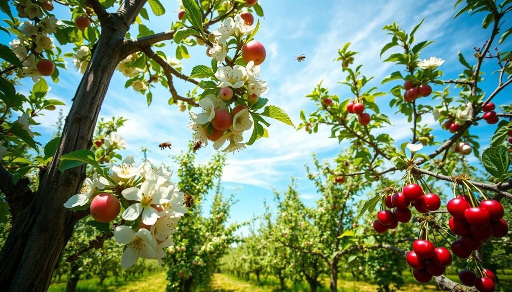 A lush, sun-dappled orchard scene showcasing the pollination process of apples and cherries. In the foreground, delicate apple blossoms and vibrant red cherries are alive with the movement of honeybees, their fuzzy bodies dusted with pollen as they dart from flower to flower. The middle ground reveals the trees' gnarled, weathered trunks and branches, their leaves casting dappled shadows on the ground below. In the background, a hazy blue sky is dotted with wispy clouds, creating a serene, idyllic atmosphere. The lighting is soft and warm, accentuating the natural colors and textures of the scene. Captured with a wide-angle lens to provide a sense of depth and scale, this image perfectly illustrates the essential process of pollination for these beloved dwarf fruit tree varieties.