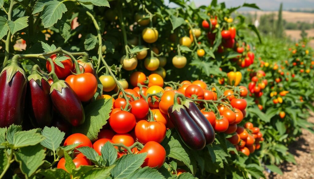 A lush, sun-drenched garden bursting with heat-loving nightshades. In the foreground, vibrant eggplants in shades of deep purple and glossy green, their waxy leaves catching the warm light. Beside them, clusters of ripened tomatoes in hues of scarlet and orange, their curved stems and leafy vines winding through the scene. In the middle ground, tall tomatillo plants with papery husks and bright, tart fruit peeking through. Trailing alongside, verdant pepper plants laden with blushing red, yellow, and orange peppers. The background is a blurred, hazy landscape, suggesting a hot, arid climate. Soft shadows and highlights emphasize the lush, thriving nature of these drought-tolerant nightshades, a testament to their resilience. A lush, sun-drenched garden bursting with heat-loving nightshades. In the foreground, vibrant eggplants in shades of deep purple and glossy green, their waxy leaves catching the warm light. Beside them, clusters of ripened tomatoes in hues of scarlet and orange, their curved stems and leafy vines winding through the scene. In the middle ground, tall tomatillo plants with papery husks and bright, tart fruit peeking through. Trailing alongside, verdant pepper plants laden with blushing red, yellow, and orange peppers. The background is a blurred, hazy landscape, suggesting a hot, arid climate. Soft shadows and highlights emphasize the lush, thriving nature of these drought-tolerant nightshades, a testament to their resilience.
