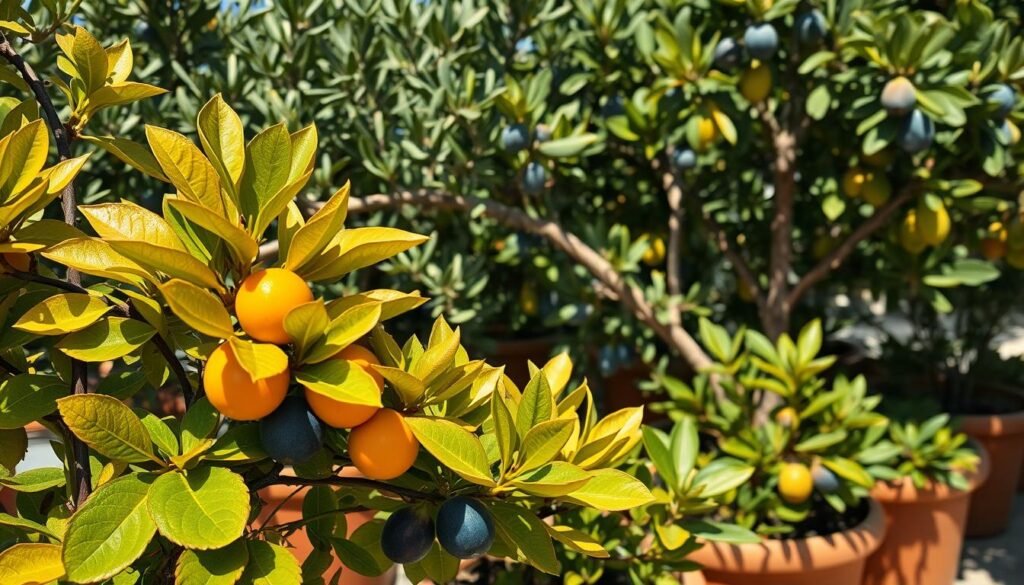 A lush, sun-drenched scene of dwarf citrus, olive, and fig trees thriving in terra cotta pots. In the foreground, glossy leaves and plump fruits in shades of gold, green, and indigo. The middle ground features gnarled olive branches, their silvery foliage casting dappled shadows. In the background, the figs' broad, lobed leaves form a verdant canopy. Warm, directional lighting illuminates the potted specimens, creating a sense of depth and atmosphere. Captured with a wide-angle lens to showcase the compact, productive nature of these Mediterranean favorites, perfect for balcony or patio gardens.