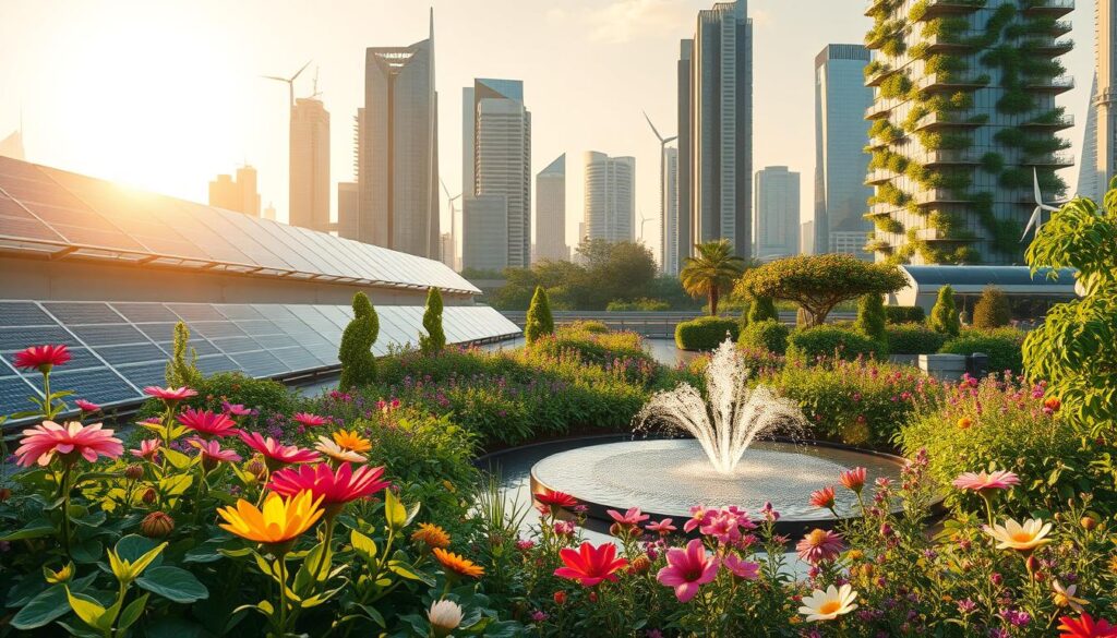 A lush, thriving garden in a futuristic metropolis, bathed in warm, golden sunlight. Sleek, organic-inspired solar panels line the rooftops, seamlessly blending technology and nature. In the foreground, a vibrant array of native flowers and plants sway gently, their petals and leaves reflecting the sun's rays. A central water feature, powered by renewable energy, creates a soothing, ambient soundscape. Holograms and AR overlays discreetly provide real-time data on the garden's ecosystem, while robotic caretakers tend to the vegetation. The cityscape in the background features gleaming, eco-friendly skyscrapers, their facades adorned with vertical gardens and wind turbines. An overall sense of harmony, balance, and a sustainable future pervades the scene.