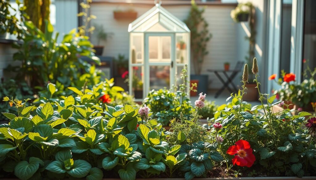 A lush, thriving small-space garden bathed in warm, natural light. In the foreground, an assortment of leafy greens, herbs, and vibrant flowers spill over the edges of raised garden beds. In the middle ground, a miniature greenhouse stands, its glass panels casting a soft, diffused glow. In the background, a cozy patio or balcony setting, with a small table and chairs, creates an inviting atmosphere for enjoying the fruits of this urban oasis. The composition emphasizes the abundance and beauty that can be achieved in a limited space, capturing the transition from frustration to a lush, flourishing garden.