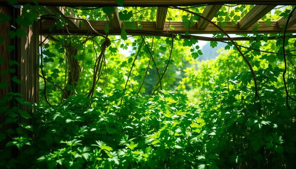 A lush, verdant canopy of cilantro plants nestled beneath a softly diffused, natural light. Dappled shadows dance across the vibrant foliage, creating a cool, sheltered microclimate. The sun's intensity is muted by a delicate lattice structure overhead, fashioned from weathered wood and trailing vines. A serene, contemplative mood pervades the scene, inviting the viewer to imagine the soothing, flavorful harvest to come. Crisp, high-resolution details capture the tender leaves and stems, while a shallow depth of field emphasizes the plant's peaceful refuge from the summer heat. A lush, verdant canopy of cilantro plants nestled beneath a softly diffused, natural light. Dappled shadows dance across the vibrant foliage, creating a cool, sheltered microclimate. The sun's intensity is muted by a delicate lattice structure overhead, fashioned from weathered wood and trailing vines. A serene, contemplative mood pervades the scene, inviting the viewer to imagine the soothing, flavorful harvest to come. Crisp, high-resolution details capture the tender leaves and stems, while a shallow depth of field emphasizes the plant's peaceful refuge from the summer heat.