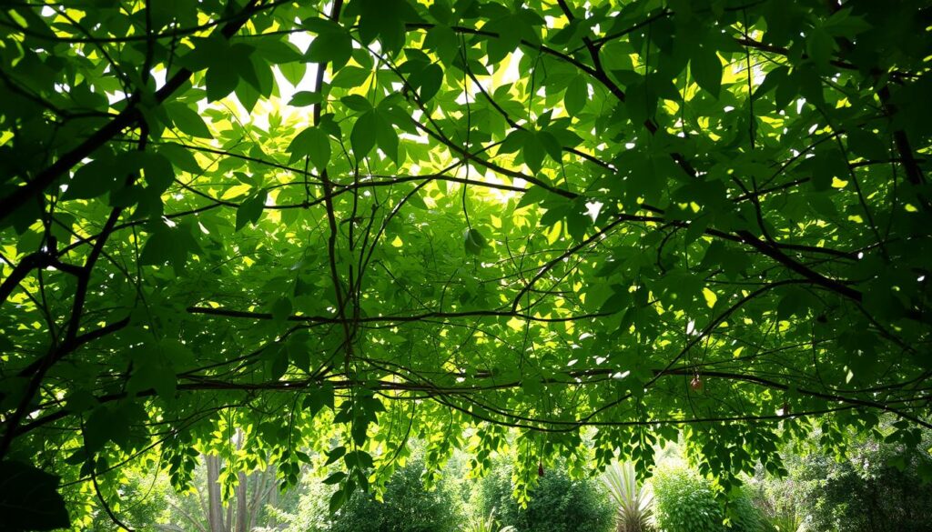 A lush, verdant canopy of intertwining leaves, casting a soft, dappled light over a cozy garden nook. The foliage is dense yet airy, with delicate shadows playing across the ground below. Sunlight filters through the gaps, creating a warm, inviting atmosphere. The canopy is composed of various shades of green, with occasional bursts of color from hidden blooms. The scene conveys a sense of tranquility and escape, perfect for a secluded herb garden. Camera angle is slightly elevated, capturing the full depth and scale of the canopy, with a shallow depth of field to emphasize the focal point. A lush, verdant canopy of intertwining leaves, casting a soft, dappled light over a cozy garden nook. The foliage is dense yet airy, with delicate shadows playing across the ground below. Sunlight filters through the gaps, creating a warm, inviting atmosphere. The canopy is composed of various shades of green, with occasional bursts of color from hidden blooms. The scene conveys a sense of tranquility and escape, perfect for a secluded herb garden. Camera angle is slightly elevated, capturing the full depth and scale of the canopy, with a shallow depth of field to emphasize the focal point.