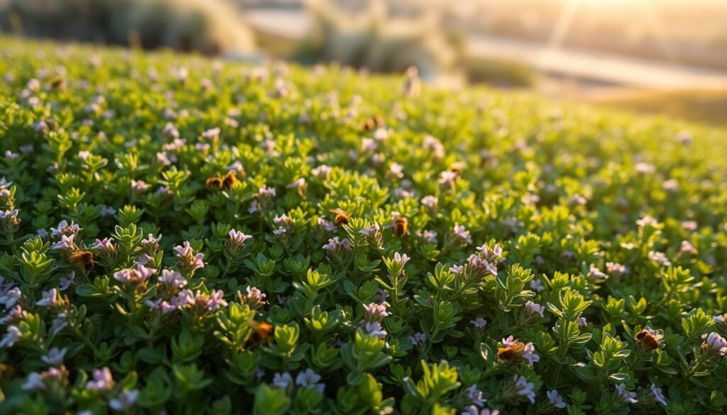 A lush, verdant carpet of vibrant green creeping thyme foliage stretches across the foreground, its delicate, fragrant flowers dotting the scene with splashes of lavender and pink. Soft, diffused sunlight filters through the scene, casting a warm, golden glow and casting gentle shadows that accentuate the plant's intricate textures. In the middle ground, a swarm of industrious bees flit from bloom to bloom, their buzzing movements captured in a blur of activity. The background features a slightly blurred, natural landscape, hinting at the wider setting in which this thriving thyme meadow exists. The overall mood is one of tranquility, abundance, and the harmony between nature and its pollinators. A lush, verdant carpet of vibrant green creeping thyme foliage stretches across the foreground, its delicate, fragrant flowers dotting the scene with splashes of lavender and pink. Soft, diffused sunlight filters through the scene, casting a warm, golden glow and casting gentle shadows that accentuate the plant's intricate textures. In the middle ground, a swarm of industrious bees flit from bloom to bloom, their buzzing movements captured in a blur of activity. The background features a slightly blurred, natural landscape, hinting at the wider setting in which this thriving thyme meadow exists. The overall mood is one of tranquility, abundance, and the harmony between nature and its pollinators.