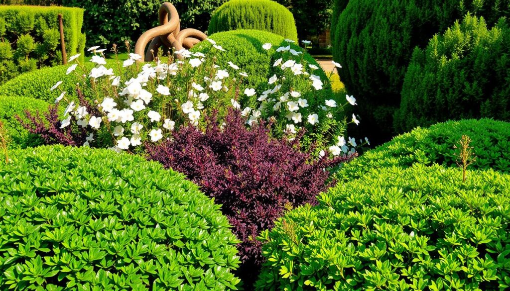 A lush, verdant edible landscape with a variety of vibrant, textured shrubs creating a natural, harmonious structure. In the foreground, dense, leafy shrubs in shades of deep green and purple, their branches intertwining gracefully. In the middle ground, a mix of flowering shrubs with delicate petals in hues of white, pink, and lavender, gently swaying in a soft breeze. The background features larger, sculptural shrubs with distinctive foliage, casting gentle shadows and providing depth and dimension to the composition. Warm, natural lighting illuminates the scene, highlighting the varied shapes, colors, and textures of the shrubs, creating an inviting, serene atmosphere. A lush, verdant edible landscape with a variety of vibrant, textured shrubs creating a natural, harmonious structure. In the foreground, dense, leafy shrubs in shades of deep green and purple, their branches intertwining gracefully. In the middle ground, a mix of flowering shrubs with delicate petals in hues of white, pink, and lavender, gently swaying in a soft breeze. The background features larger, sculptural shrubs with distinctive foliage, casting gentle shadows and providing depth and dimension to the composition. Warm, natural lighting illuminates the scene, highlighting the varied shapes, colors, and textures of the shrubs, creating an inviting, serene atmosphere.