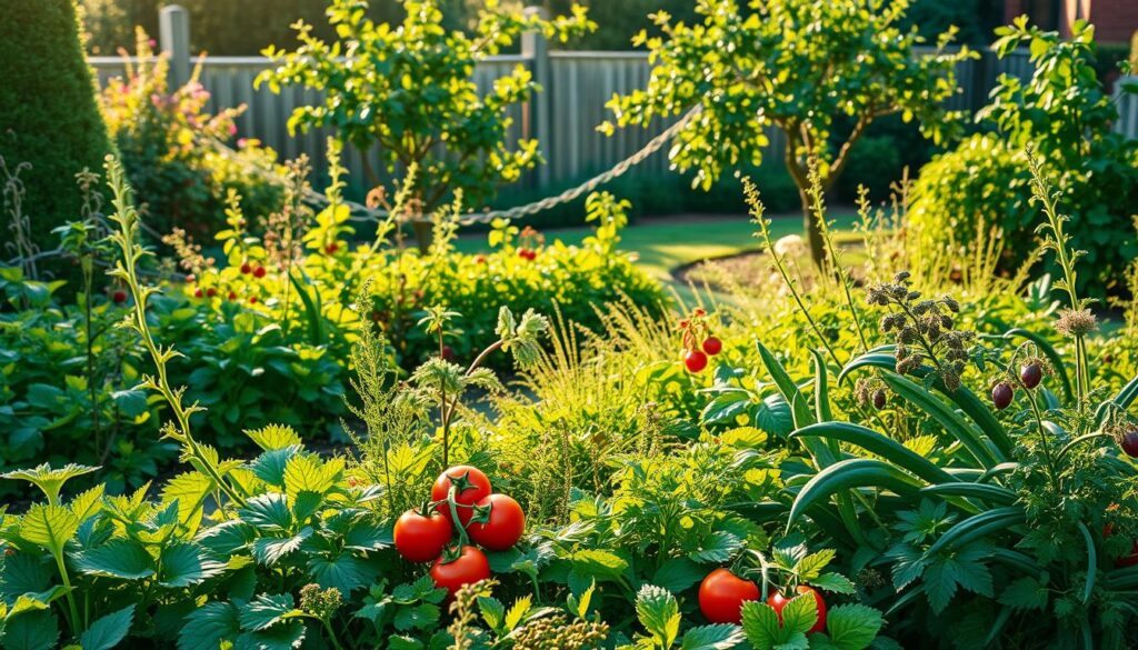 A lush, verdant front yard featuring a diverse array of edible plants. In the foreground, a bountiful vegetable garden with rows of leafy greens, vibrant tomatoes, and aromatic herbs. The middle ground showcases a mix of berry bushes, trailing vines, and flowering edible plants. Toward the back, a small orchard of dwarf fruit trees casts a gentle, dappled shade. The overall scene is bathed in warm, golden sunlight, creating a welcoming, serene atmosphere. The composition emphasizes the harmony between functionality and aesthetic, inviting the viewer to imagine the joy of harvesting fresh, homegrown produce right from the front yard. A lush, verdant front yard featuring a diverse array of edible plants. In the foreground, a bountiful vegetable garden with rows of leafy greens, vibrant tomatoes, and aromatic herbs. The middle ground showcases a mix of berry bushes, trailing vines, and flowering edible plants. Toward the back, a small orchard of dwarf fruit trees casts a gentle, dappled shade. The overall scene is bathed in warm, golden sunlight, creating a welcoming, serene atmosphere. The composition emphasizes the harmony between functionality and aesthetic, inviting the viewer to imagine the joy of harvesting fresh, homegrown produce right from the front yard.