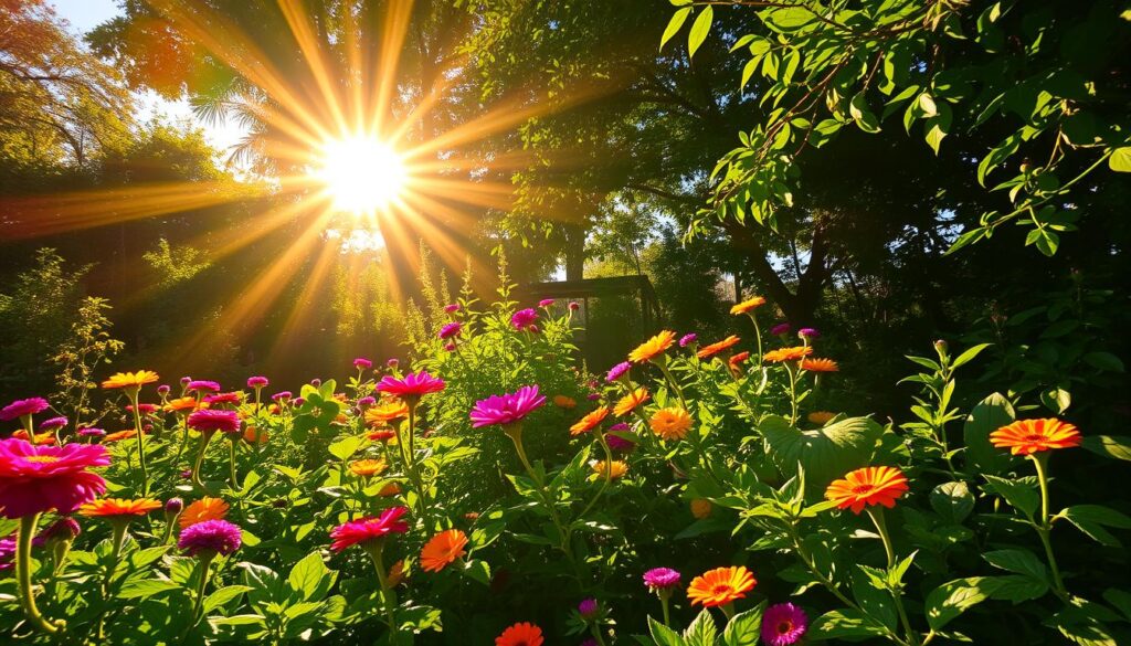A lush, verdant garden bathed in the warm, golden glow of a full sun. The sun's rays pierce through the foliage, casting intricate patterns of light and shadow across the vibrant flowers and thriving plants. The scene is captured with a wide-angle lens, allowing the viewer to take in the entirety of the sunlit garden. The atmosphere is one of tranquility and abundance, conveying the sense of a thriving, well-tended space. The lighting is natural and directional, creating depth and dimensionality. This image perfectly encapsulates the importance of proper lighting and spacing in a successful garden. A lush, verdant garden bathed in the warm, golden glow of a full sun. The sun's rays pierce through the foliage, casting intricate patterns of light and shadow across the vibrant flowers and thriving plants. The scene is captured with a wide-angle lens, allowing the viewer to take in the entirety of the sunlit garden. The atmosphere is one of tranquility and abundance, conveying the sense of a thriving, well-tended space. The lighting is natural and directional, creating depth and dimensionality. This image perfectly encapsulates the importance of proper lighting and spacing in a successful garden.