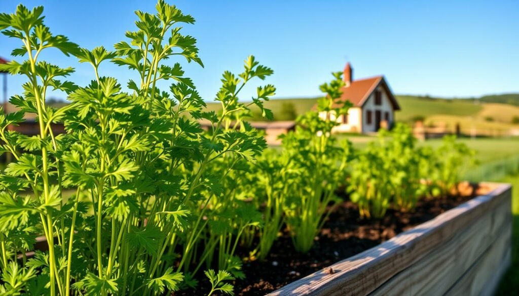 A lush, verdant garden bed set against a clear blue sky. In the foreground, vibrant green cilantro plants sway gently in a soft breeze, their delicate leaves and feathery stems illuminated by warm, golden sunlight. In the middle ground, a weathered wooden planter box filled with rich, dark soil serves as the perfect backdrop, while in the distance, a picturesque farmhouse or cottage nestled among rolling hills provides a charming rural setting. The overall mood is one of serene, pastoral tranquility, with the emphasis on showcasing the optimal time and conditions for planting and growing this fragrant, flavorful herb. A lush, verdant garden bed set against a clear blue sky. In the foreground, vibrant green cilantro plants sway gently in a soft breeze, their delicate leaves and feathery stems illuminated by warm, golden sunlight. In the middle ground, a weathered wooden planter box filled with rich, dark soil serves as the perfect backdrop, while in the distance, a picturesque farmhouse or cottage nestled among rolling hills provides a charming rural setting. The overall mood is one of serene, pastoral tranquility, with the emphasis on showcasing the optimal time and conditions for planting and growing this fragrant, flavorful herb.