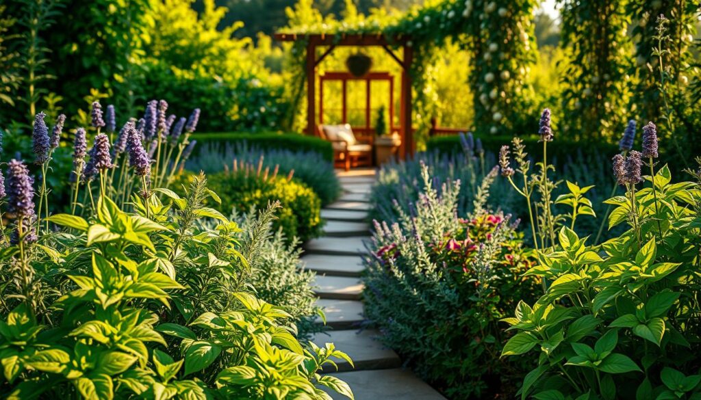 A lush, verdant garden filled with a vibrant array of herbs, showcasing the beauty and harmony of companion planting. In the foreground, a carefully curated selection of thriving basil, rosemary, and oregano plants, their leaves glistening under the warm, golden sunlight. The middle ground features a meandering stone path, flanked by neatly trimmed lavender bushes and fragrant thyme. In the background, a wooden trellis supports the climbing vines of fragrant jasmine, creating a serene and inviting atmosphere. The scene is captured with a wide-angle lens, emphasizing the depth and balance of the garden design, conveying a sense of tranquility and the harmonious coexistence of the plant life. A lush, verdant garden filled with a vibrant array of herbs, showcasing the beauty and harmony of companion planting. In the foreground, a carefully curated selection of thriving basil, rosemary, and oregano plants, their leaves glistening under the warm, golden sunlight. The middle ground features a meandering stone path, flanked by neatly trimmed lavender bushes and fragrant thyme. In the background, a wooden trellis supports the climbing vines of fragrant jasmine, creating a serene and inviting atmosphere. The scene is captured with a wide-angle lens, emphasizing the depth and balance of the garden design, conveying a sense of tranquility and the harmonious coexistence of the plant life.