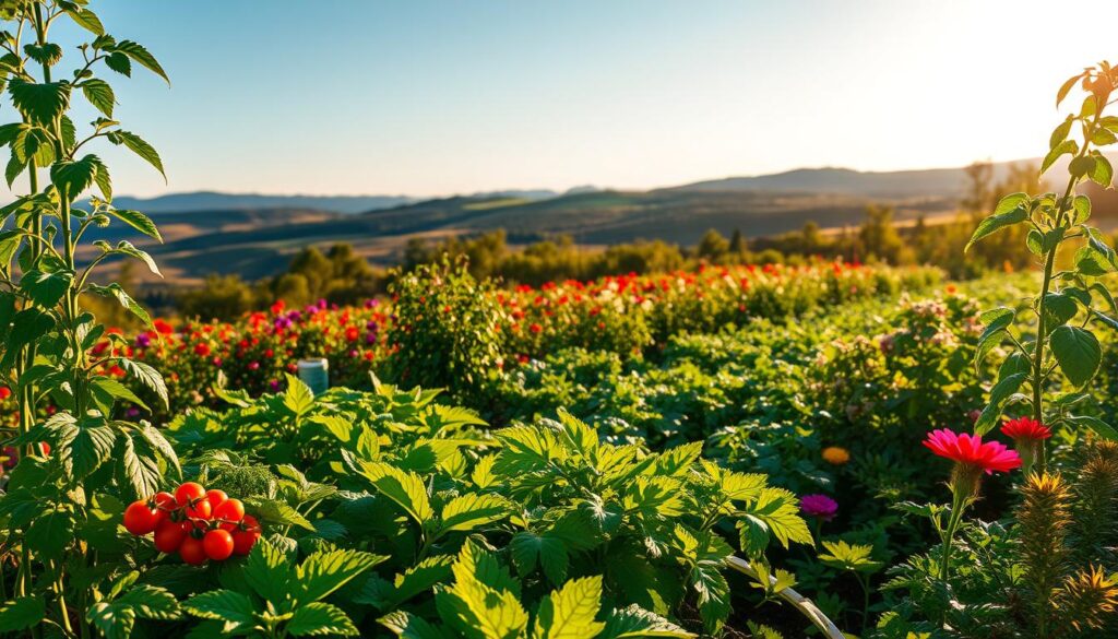 A lush, verdant garden filled with thriving organic plants bathed in warm, golden sunlight. In the foreground, rows of leafy greens, vibrant tomato vines, and fragrant herbs sway gently in a soft breeze. The middle ground showcases a diverse array of flowering plants, their petals bursting with color. In the background, a picturesque landscape of rolling hills and a clear blue sky, suggesting a harmony between nature and cultivation. The scene evokes a sense of abundance, sustainability, and a deep connection to the land. Captured with a wide-angle lens, the image conveys the beauty and vitality of an organic, regenerative approach to gardening. A lush, verdant garden filled with thriving organic plants bathed in warm, golden sunlight. In the foreground, rows of leafy greens, vibrant tomato vines, and fragrant herbs sway gently in a soft breeze. The middle ground showcases a diverse array of flowering plants, their petals bursting with color. In the background, a picturesque landscape of rolling hills and a clear blue sky, suggesting a harmony between nature and cultivation. The scene evokes a sense of abundance, sustainability, and a deep connection to the land. Captured with a wide-angle lens, the image conveys the beauty and vitality of an organic, regenerative approach to gardening.