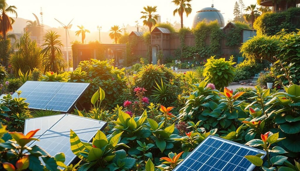 A lush, verdant garden filled with vibrant, futuristic-looking plants and structures. In the foreground, a variety of unique, biomimetic solar panels blend seamlessly with the surrounding foliage. In the middle ground, innovative hydroponics systems and vertical farming units create a harmonious, integrated landscape. In the background, eco-friendly architectural elements like living walls, green roofs, and sustainable materials form a visually striking, yet nature-inspired backdrop. Warm, golden lighting filters through the scene, casting a serene, tranquil atmosphere. The overall composition conveys a sense of technological progress in harmony with the natural world, exemplifying the principles of solarpunk design.