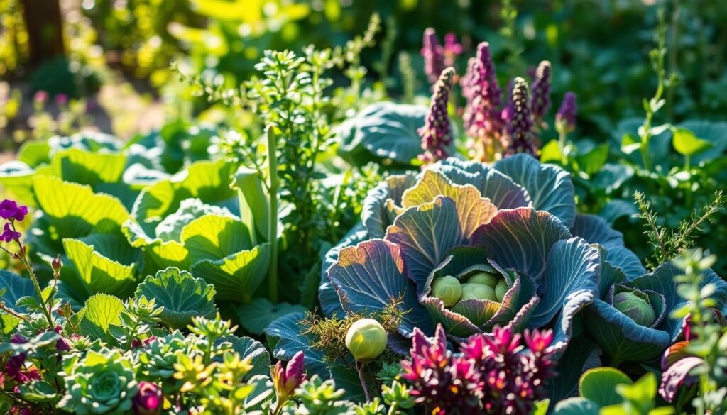 A lush, verdant garden scene featuring an assortment of thriving brassica plants - cabbage, broccoli, kale, and Brussels sprouts - intermingled with fragrant, colorful herbs. The brassicas take center stage, their large, textured leaves and vibrant hues standing out against the softer greens of the herbs. Dappled sunlight filters through the scene, creating a warm, inviting atmosphere. The composition is balanced, with the brassicas and herbs occupying the foreground and middle ground, while a blurred background suggests a tranquil, natural setting. The image conveys a sense of harmony and the synergistic relationship between these complementary plants, perfectly illustrating the "Brassicas with herbs: smarter planting for cabbage, broccoli, kale, and Brussels sprouts" section of the article. A lush, verdant garden scene featuring an assortment of thriving brassica plants - cabbage, broccoli, kale, and Brussels sprouts - intermingled with fragrant, colorful herbs. The brassicas take center stage, their large, textured leaves and vibrant hues standing out against the softer greens of the herbs. Dappled sunlight filters through the scene, creating a warm, inviting atmosphere. The composition is balanced, with the brassicas and herbs occupying the foreground and middle ground, while a blurred background suggests a tranquil, natural setting. The image conveys a sense of harmony and the synergistic relationship between these complementary plants, perfectly illustrating the "Brassicas with herbs: smarter planting for cabbage, broccoli, kale, and Brussels sprouts" section of the article.