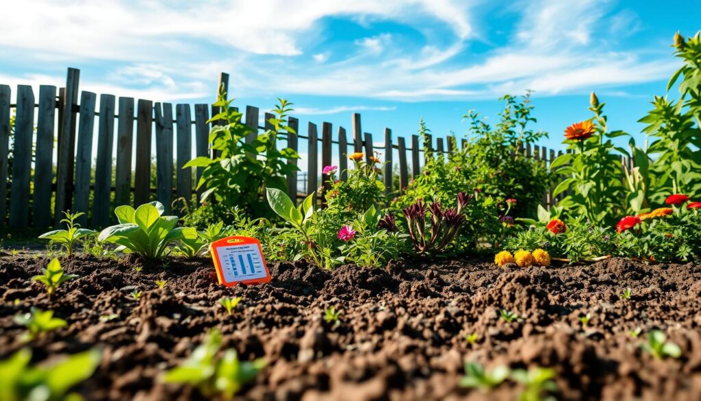 A lush, verdant garden scene in early summer, showcasing the vibrant hues and textures of a Zone 6 landscape. In the foreground, a freshly tilled soil bed awaits the gardener's careful attention, with a soil test kit prominently displayed. The middle ground features a variety of thriving plants, including leafy greens, vibrant flowers, and a bountiful vegetable patch. In the background, a weathered wooden fence frames the scene, and a clear blue sky with wispy clouds creates a serene, peaceful atmosphere. Soft, natural lighting illuminates the entire composition, highlighting the rich, earthy tones and the harmonious interplay of the garden elements.
