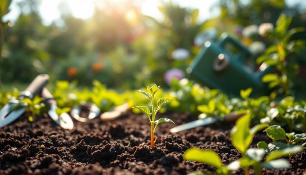 A lush, verdant garden scene with a central focus on a thriving seedling transplant. The foreground features the seedling emerging from nutrient-rich, dark soil, its tender leaves reaching towards the soft, diffused sunlight filtering through a canopy of greenery. The middle ground showcases a selection of gardening tools - trowels, pruners, and a watering can - arranged neatly, conveying a sense of careful preparation. In the background, a blurred landscape of flourishing plants and flowers creates a harmonious, calming atmosphere. The lighting is natural and warm, casting gentle shadows that accentuate the textures of the soil and foliage. The overall composition evokes a sense of tranquility and the careful balance required for a successful seedling transplant. A lush, verdant garden scene with a central focus on a thriving seedling transplant. The foreground features the seedling emerging from nutrient-rich, dark soil, its tender leaves reaching towards the soft, diffused sunlight filtering through a canopy of greenery. The middle ground showcases a selection of gardening tools - trowels, pruners, and a watering can - arranged neatly, conveying a sense of careful preparation. In the background, a blurred landscape of flourishing plants and flowers creates a harmonious, calming atmosphere. The lighting is natural and warm, casting gentle shadows that accentuate the textures of the soil and foliage. The overall composition evokes a sense of tranquility and the careful balance required for a successful seedling transplant.