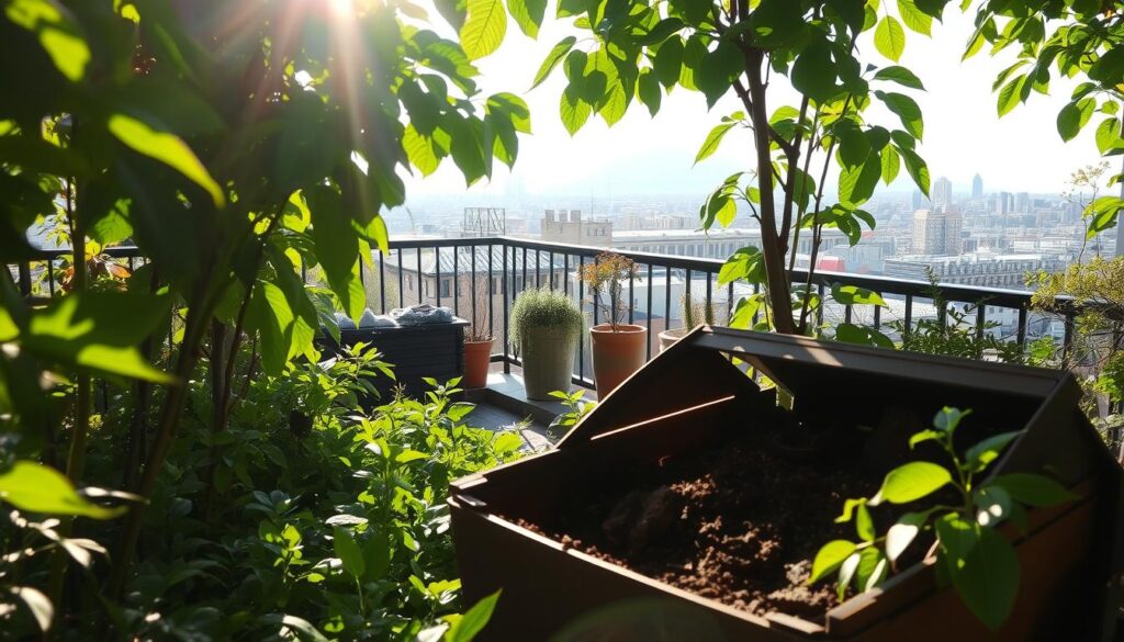 A lush, verdant garden scene with a large, open compost bin in the foreground. Sunlight filters through the leaves of the surrounding plants, casting a warm, earthy glow. In the middle ground, a small, tidy urban balcony or patio, showcasing the possibility of composting in a compact space. The background features a cityscape, hinting at the broader environmental impact of small-scale composting. The overall atmosphere conveys the benefits of composting - nutrient-rich soil, reduced waste, and a healthier, more sustainable ecosystem, even in a limited urban setting. A lush, verdant garden scene with a large, open compost bin in the foreground. Sunlight filters through the leaves of the surrounding plants, casting a warm, earthy glow. In the middle ground, a small, tidy urban balcony or patio, showcasing the possibility of composting in a compact space. The background features a cityscape, hinting at the broader environmental impact of small-scale composting. The overall atmosphere conveys the benefits of composting - nutrient-rich soil, reduced waste, and a healthier, more sustainable ecosystem, even in a limited urban setting.