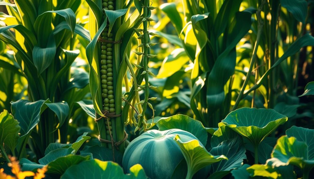 A lush, verdant garden scene with a prominent central focus on the classic "Three Sisters" of companion planting - corn, beans, and squash. The corn stalks stand tall and proud, their leaves rustling gently in a soft breeze. Twining up the corn are vibrant green bean vines, their delicate flowers just beginning to bloom. At the base, large squash leaves spread out, shading the soil and preventing weed growth. The overall composition evokes a sense of harmony and symbiosis, with the plants working together to create a thriving, self-sustaining ecosystem. The lighting is warm and golden, casting a magical glow over the scene, as if captured on a hazy summer afternoon. The level of detail allows the viewer to almost feel the texture of the plants and smell the earthy, verdant aroma. A lush, verdant garden scene with a prominent central focus on the classic "Three Sisters" of companion planting - corn, beans, and squash. The corn stalks stand tall and proud, their leaves rustling gently in a soft breeze. Twining up the corn are vibrant green bean vines, their delicate flowers just beginning to bloom. At the base, large squash leaves spread out, shading the soil and preventing weed growth. The overall composition evokes a sense of harmony and symbiosis, with the plants working together to create a thriving, self-sustaining ecosystem. The lighting is warm and golden, casting a magical glow over the scene, as if captured on a hazy summer afternoon. The level of detail allows the viewer to almost feel the texture of the plants and smell the earthy, verdant aroma.
