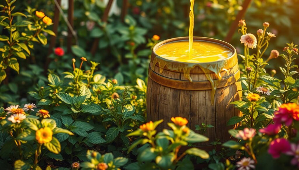 A lush, verdant garden with a rustic wooden barrel overflowing with a vibrant, nutrient-rich liquid fertilizer. The barrel is situated amidst flourishing plants and flowers, casting a warm, golden glow from the soft, diffused natural lighting. The scene exudes an air of abundance and productivity, inviting the viewer to explore the secrets of this homemade garden potion. The camera angle is slightly elevated, capturing the full scene with a sense of depth and scale. The overall composition is balanced and visually appealing, highlighting the inviting, earthy tones and the promise of a bountiful harvest. A lush, verdant garden with a rustic wooden barrel overflowing with a vibrant, nutrient-rich liquid fertilizer. The barrel is situated amidst flourishing plants and flowers, casting a warm, golden glow from the soft, diffused natural lighting. The scene exudes an air of abundance and productivity, inviting the viewer to explore the secrets of this homemade garden potion. The camera angle is slightly elevated, capturing the full scene with a sense of depth and scale. The overall composition is balanced and visually appealing, highlighting the inviting, earthy tones and the promise of a bountiful harvest.