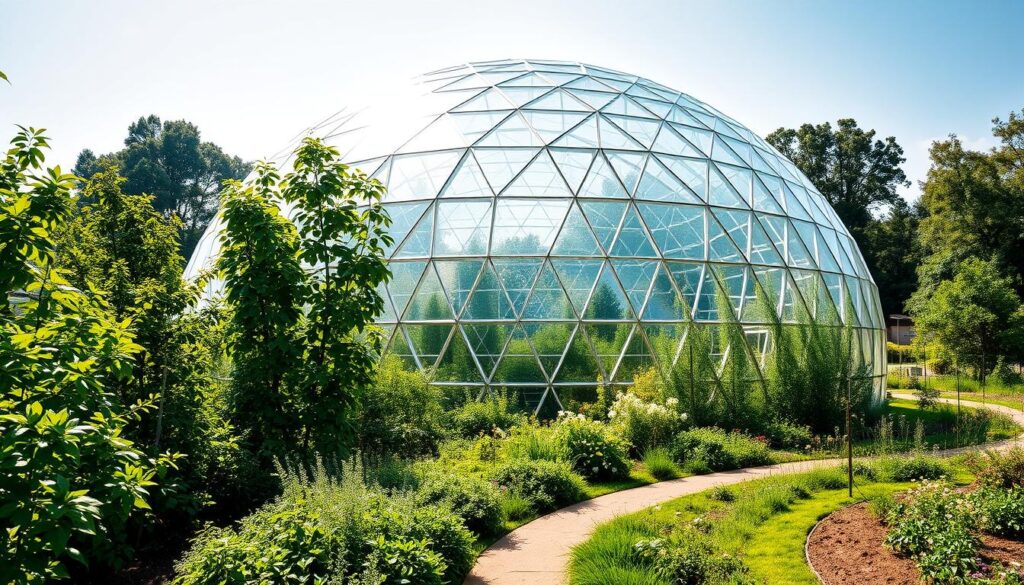 A lush, verdant geodesic dome greenhouse nestled in a serene community garden. Sunlight filters through the intricate hexagonal panels, casting a warm glow over the thriving greenery within. Towering tomato vines, bushy herb patches, and delicate flowers coexist in a harmonious balance. The dome's sleek, futuristic silhouette stands as a architectural centerpiece, seamlessly blending modern design with the natural world. Surrounding the greenhouse, a meandering path invites exploration, leading visitors through a vibrant oasis of shared gardening spaces. The overall scene radiates a sense of community, sustainability, and a connection to the earth. A lush, verdant geodesic dome greenhouse nestled in a serene community garden. Sunlight filters through the intricate hexagonal panels, casting a warm glow over the thriving greenery within. Towering tomato vines, bushy herb patches, and delicate flowers coexist in a harmonious balance. The dome's sleek, futuristic silhouette stands as a architectural centerpiece, seamlessly blending modern design with the natural world. Surrounding the greenhouse, a meandering path invites exploration, leading visitors through a vibrant oasis of shared gardening spaces. The overall scene radiates a sense of community, sustainability, and a connection to the earth.