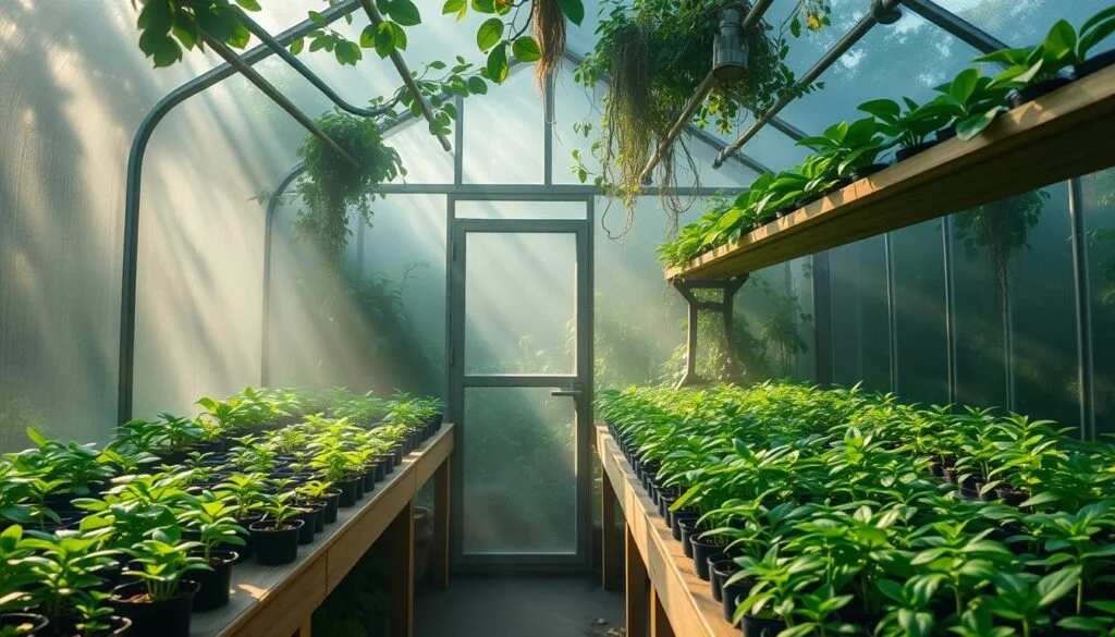 A lush, verdant greenhouse interior bathed in soft, diffused natural light. The air is heavy with the scent of thriving plants, the atmosphere humid and enveloping. Delicate tendrils of mist drift through the space, creating an ethereal, almost magical ambiance. Rows of seedlings and young plants sit upon sturdy wooden shelves, their leaves gently swaying in the gentle airflow. Condensation beads on the glass walls, refracting the light in mesmerizing patterns. The overall scene conveys a sense of nurturing, tranquility, and the perfect conditions for tender seedlings to thrive after transplantation. A lush, verdant greenhouse interior bathed in soft, diffused natural light. The air is heavy with the scent of thriving plants, the atmosphere humid and enveloping. Delicate tendrils of mist drift through the space, creating an ethereal, almost magical ambiance. Rows of seedlings and young plants sit upon sturdy wooden shelves, their leaves gently swaying in the gentle airflow. Condensation beads on the glass walls, refracting the light in mesmerizing patterns. The overall scene conveys a sense of nurturing, tranquility, and the perfect conditions for tender seedlings to thrive after transplantation.