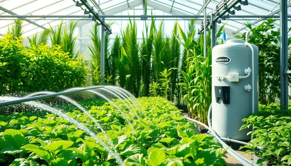 A lush, verdant greenhouse interior bathed in soft, natural light. In the foreground, a intricate network of flexible hoses and emitters deliver a gentle, steady flow of water to a variety of thriving plants. The middle ground showcases the rainwater harvesting system, its sleek tank and integrated controls blending seamlessly into the surroundings. In the background, tall, verdant foliage casts dappled shadows, creating a tranquil, contemplative atmosphere. The scene evokes a sense of sustainable, harmonious agricultural productivity, with every element working in concert to nourish the plants.