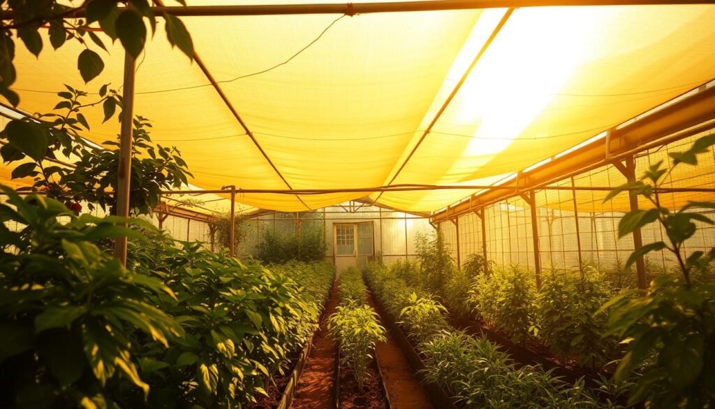 A lush, verdant greenhouse interior bathed in warm, golden sunlight filtering through a translucent shade canopy. The canopy casts a gentle, dappled shadow across the plants and soil below, creating an oasis of cool, soothing respite from the relentless summer heat. The scene evokes a sense of tranquility and escape, with the greenhouse's utilitarian structure softened by the enveloping greenery and the play of light and shadow. A wide-angle lens captures the full breadth of the space, emphasizing the greenhouse's role as a haven from the outside world. A lush, verdant greenhouse interior bathed in warm, golden sunlight filtering through a translucent shade canopy. The canopy casts a gentle, dappled shadow across the plants and soil below, creating an oasis of cool, soothing respite from the relentless summer heat. The scene evokes a sense of tranquility and escape, with the greenhouse's utilitarian structure softened by the enveloping greenery and the play of light and shadow. A wide-angle lens captures the full breadth of the space, emphasizing the greenhouse's role as a haven from the outside world.